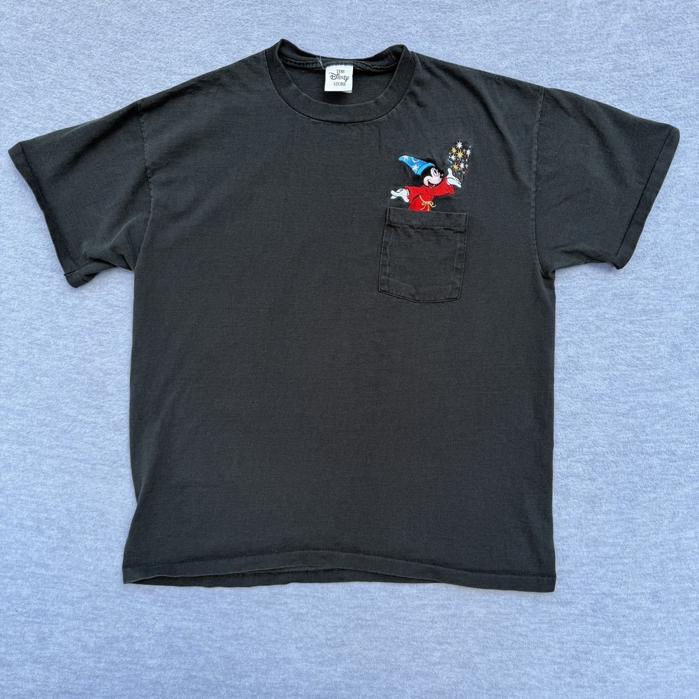 VTG 90s Disney Store Mickey Mouse Fantasia Embroidered Faded Black T-Shirt XL